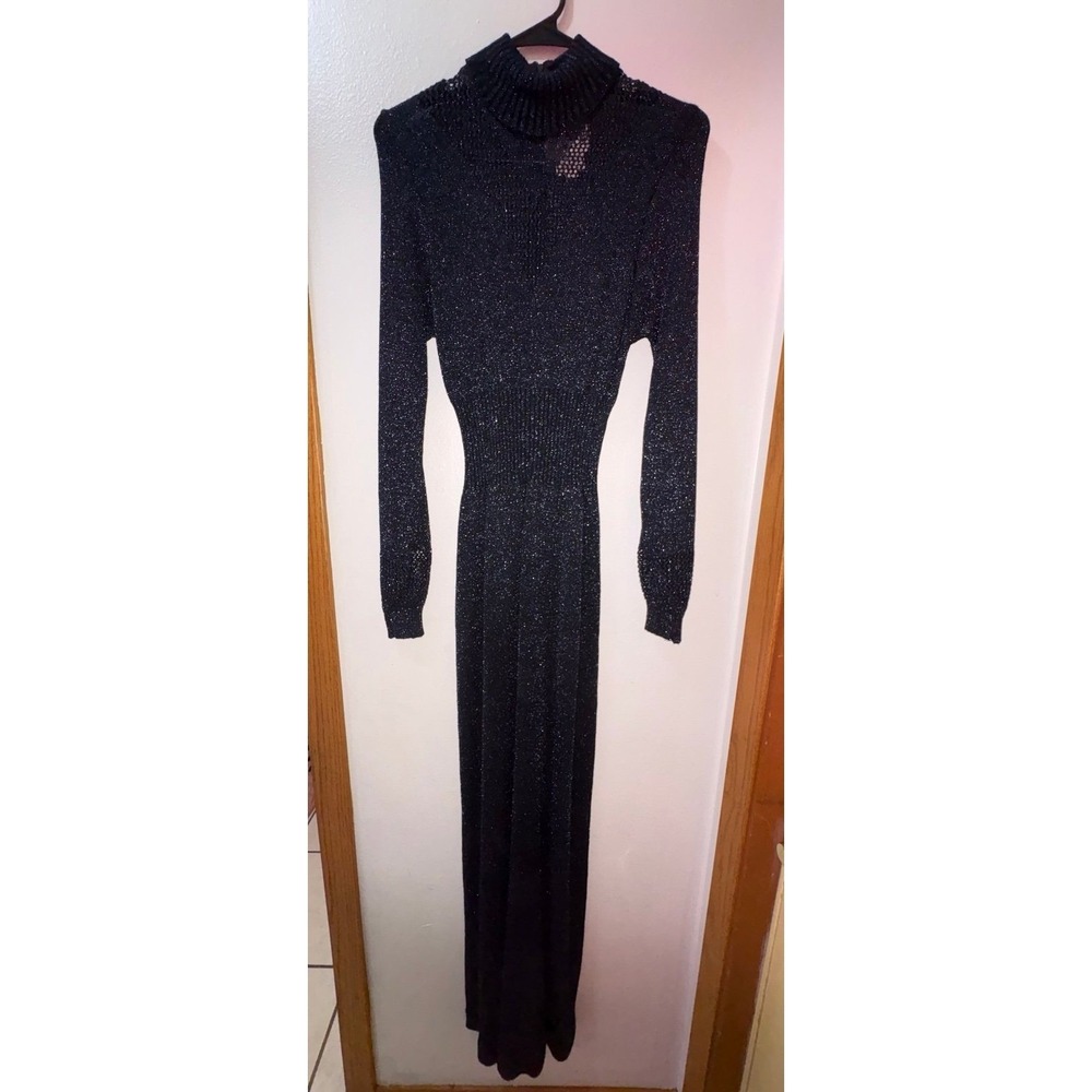 Vintage Wenjilli Maxi Dress Women 7/8 Metallic Sparkly 70s Turtleneck Lurex Gown